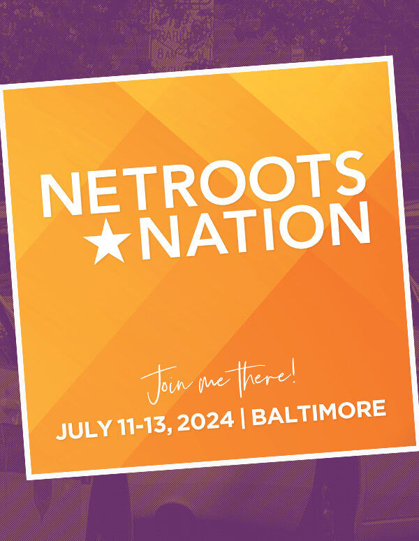 Netroots Nation conference logo. July 11, 2024 in Baltimore. Background has three parked Baltimore police cars.