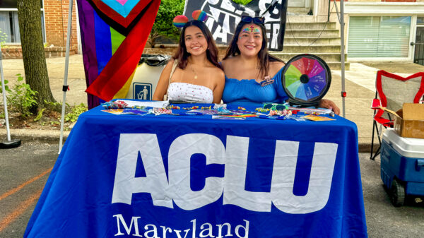 Lorena Diaz with her sister Sarah at the ACLU of Maryland table at Baltimore Trans Pride event in Baltimore City.
