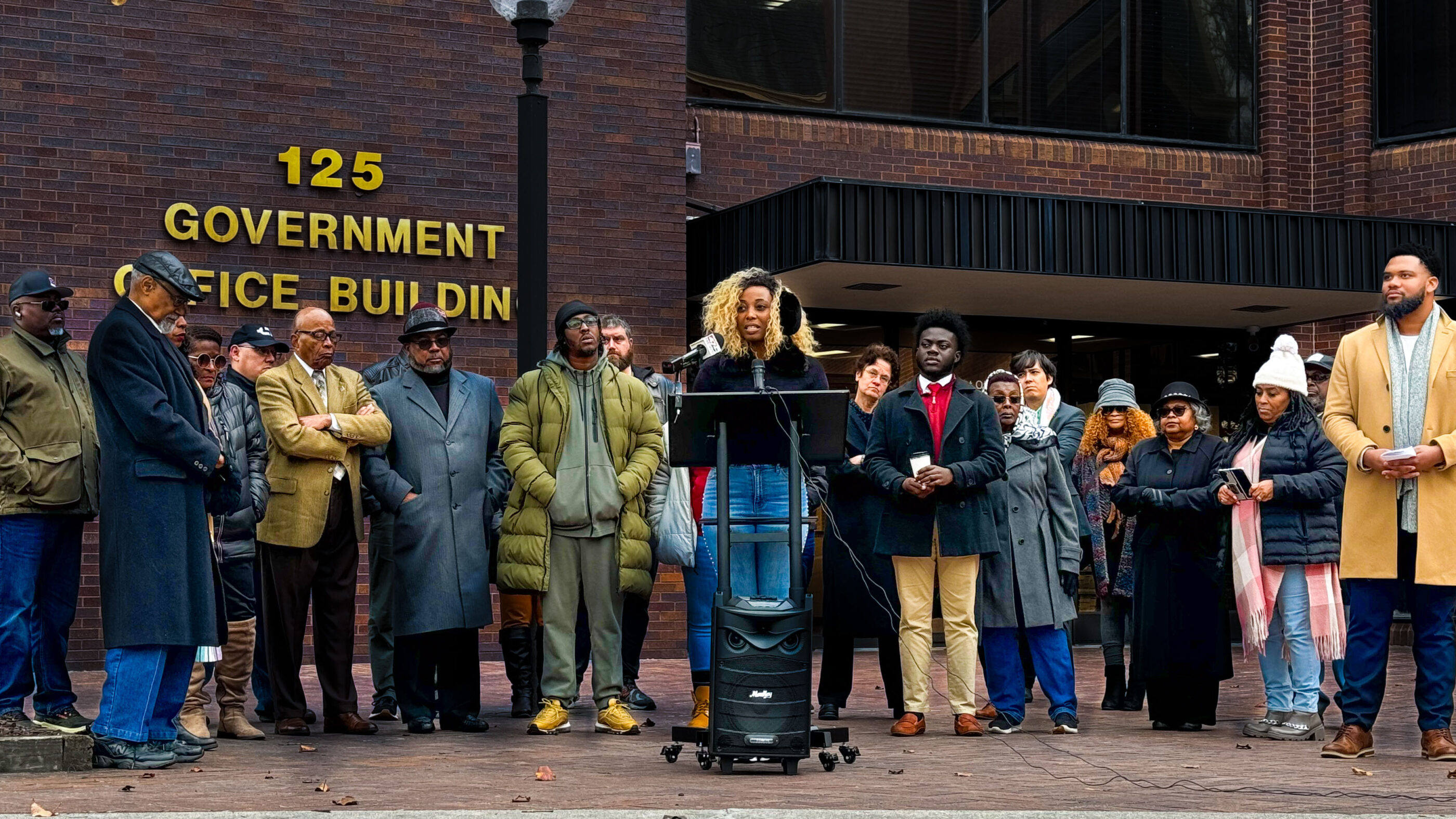 Group photo at a press conference in front of a courthouse for the Wicomico voting rights case.