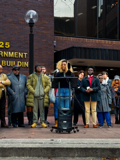 Group photo at a press conference in front of a courthouse for the Wicomico voting rights case.