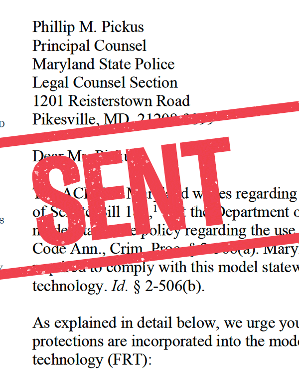 SENT stamp over letter ACLU of Maryland sent to the Maryland State Police.