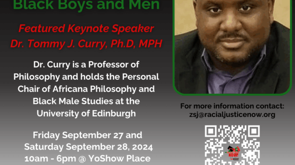 Beyond the Pale - The Systemic Vilification of Black Boys and Men. Featured keynote speaker, Dr. Tommy J. Curry, PhD, MPH. Friday, September 27 and 28, 2024. Organized by Racial Justice NOW!