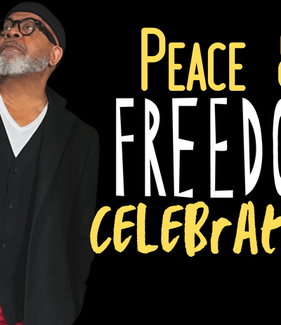 Jazz musician Keith Snipes is standing next to the words, "Peace and Freedom Celebration."