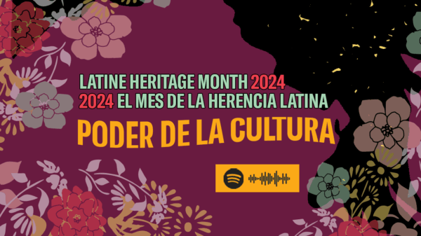 Latine Heritage Month 2024 Poder de la Cultura Spotify playlist. The Maryland silhouette is surrounded by colorful flowers.