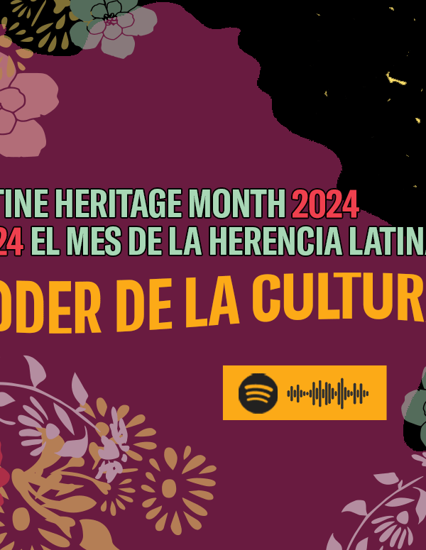 Latine Heritage Month 2024 Poder de la Cultura Spotify playlist. The Maryland silhouette is surrounded by colorful flowers.