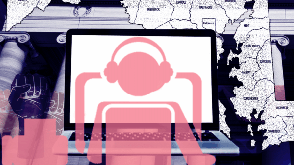 Courthouse in the background, Maryland state with counties, person with headphones and a laptop, and multiple shades of raised fists, representing a court watch event.