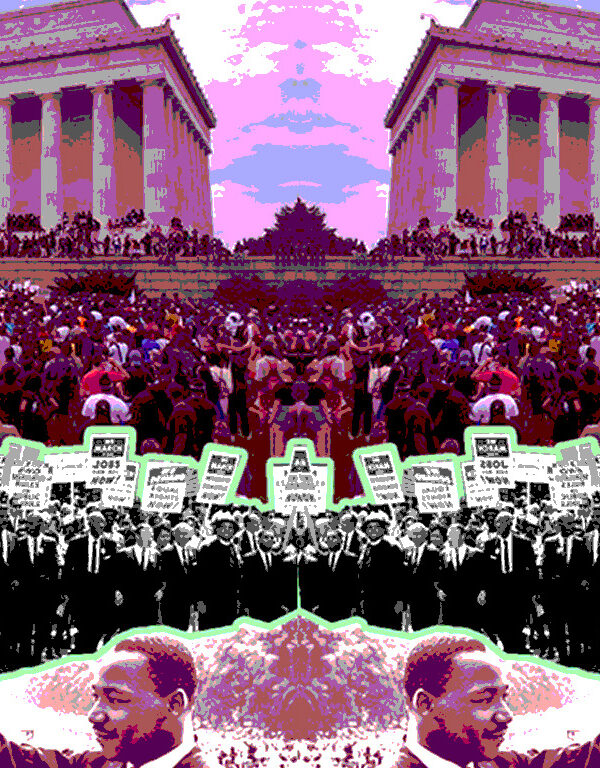Collage of photos of the Lincoln Memorial and historic photos of the March on Washington and Dr. Martin Luther King, Jr.