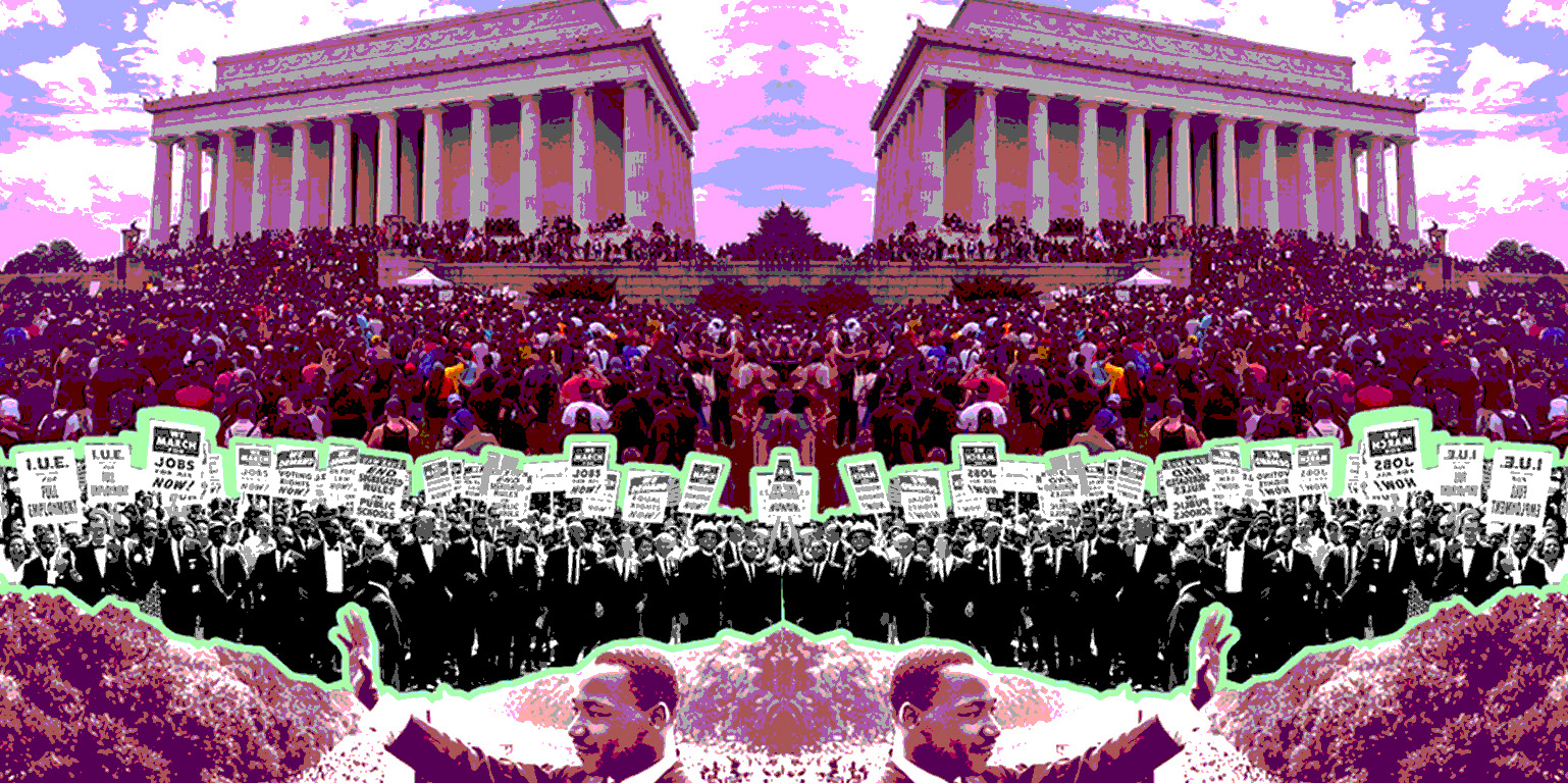 Collage of photos of the Lincoln Memorial and historic photos of the March on Washington and Dr. Martin Luther King, Jr.