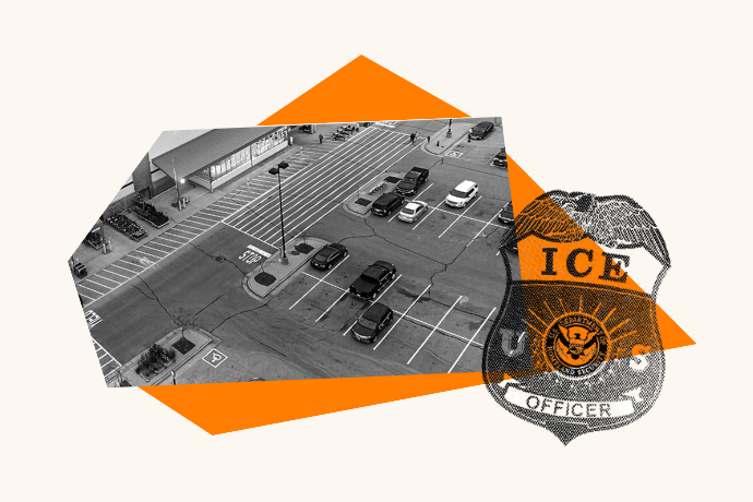orange backdrop of place of business parking lot, ice badge