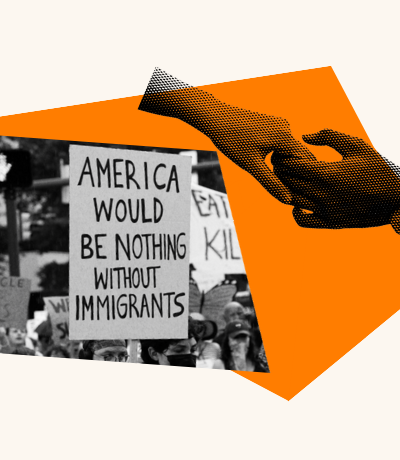 two hands connected. text reads "America would be nothing without immigrants"