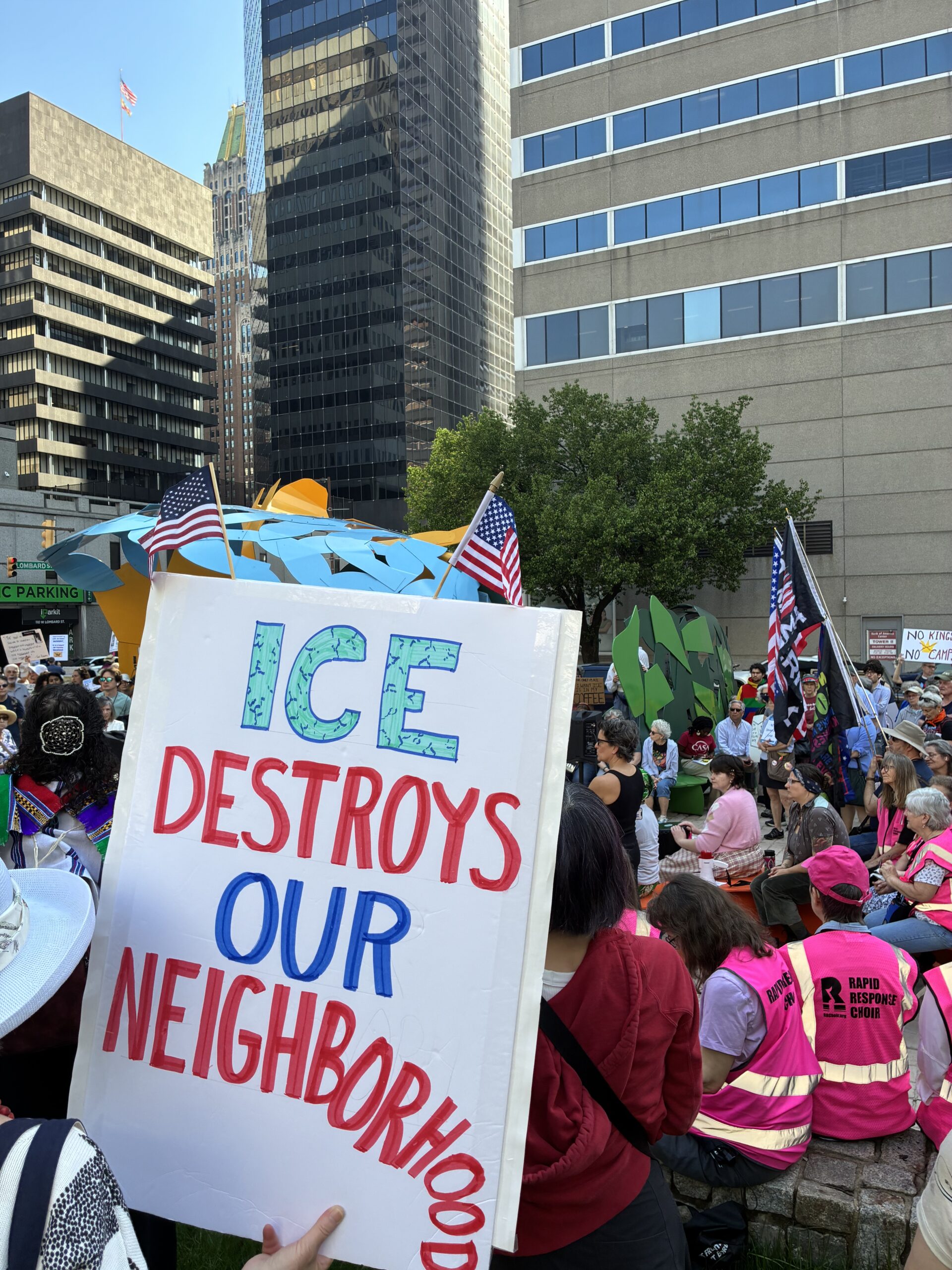 Ice Destroys Our Neighborhood protest sign