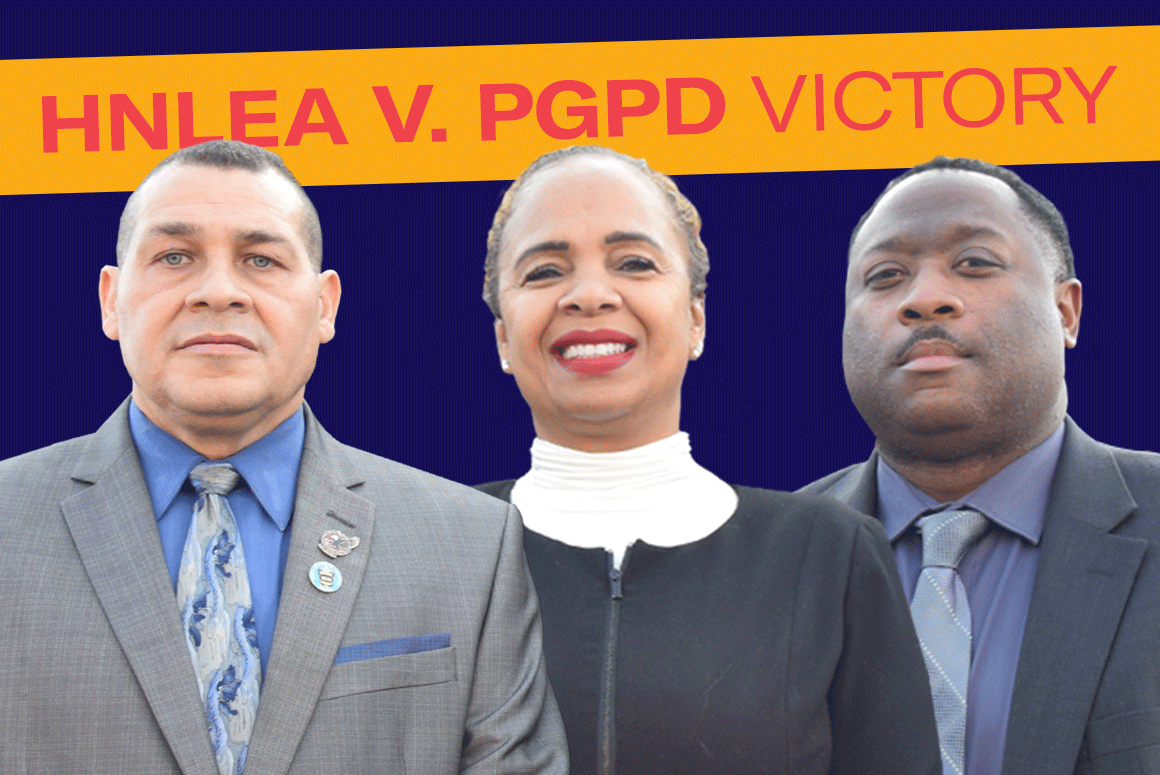 HNLEA v. PGPD victory. Pictured from left to right: Joe Perez, Sonya Zollicoffer, and Thomas Boone.
