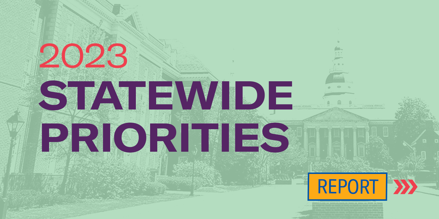 2023 Statewide General Assembly Priorities Report. Title text is over a picture of the State House and has a light green filter on it.