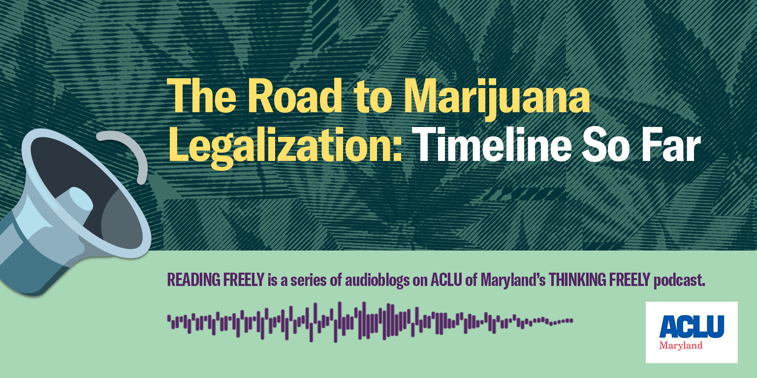 The Road to Marijuana Legalization: Timeline so far. Background has dark green marijuana leaves as a background. There is a speaker emoji.