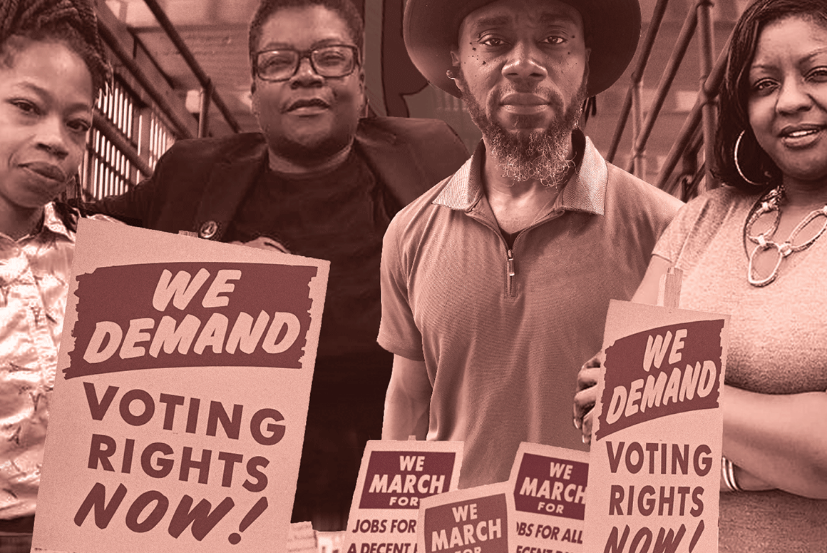 Free the Vote. Nicole Hanson Mundell, Monica Cooper, Earl Young, and Qiana Johnson are standing together behind posters from the Civil Rights Movement calling for voting rights now. The poster has a pink and brown theme.