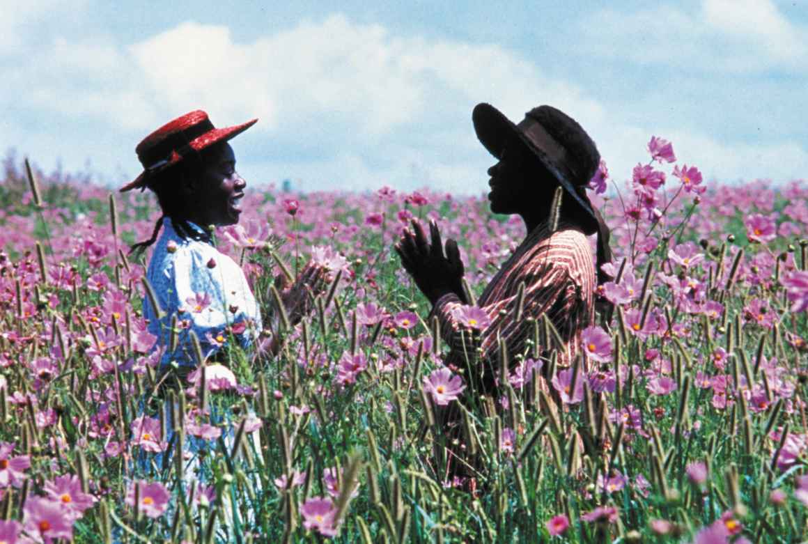 Celie and Nettie stand in a field of flowers in The Color Purple. Young Celie and Young Nettie playing Makidada in the beginning of the 1985 film.