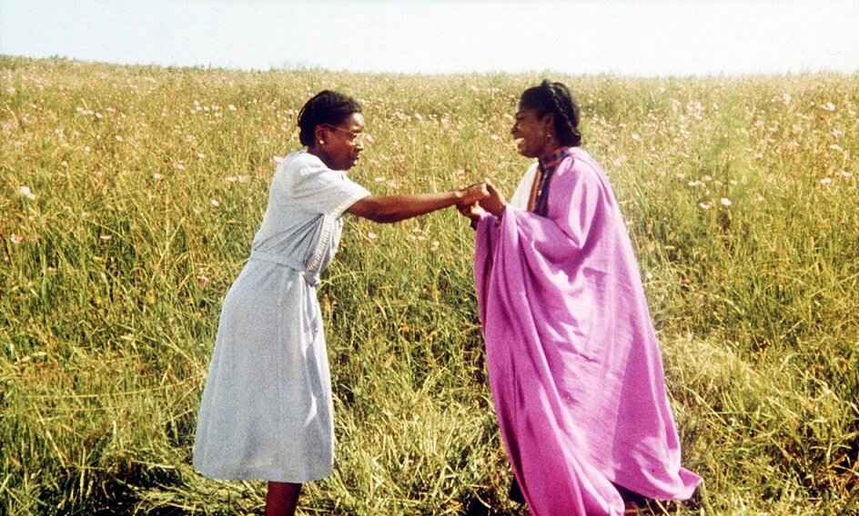 Celie and Nettie stand in a field of grasses in The Color Purple. End scene from the 1985 film where Older Celie and Older Nettie are reunited after decades apart.