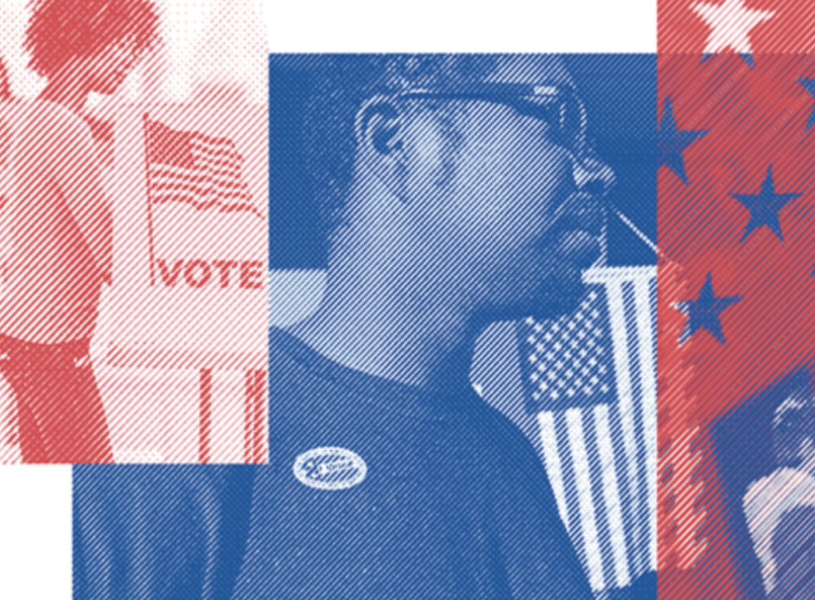 The image on the left is of a Black woman at voting at a ballot box and has a red filter over it. The image in the middle is a Black man wearing an "I voted" sticker and has on glasses. The image on the right is part of the US flag and shows stars.