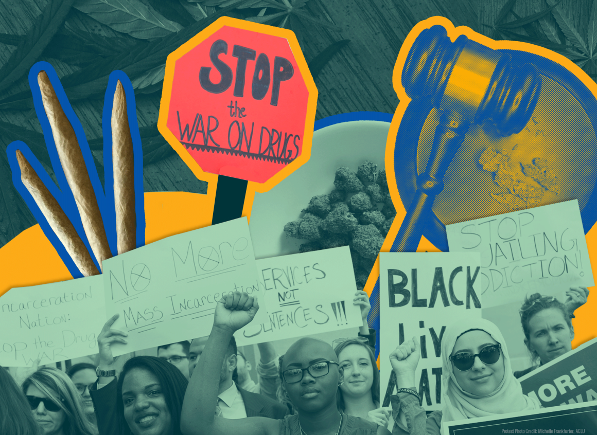 Collage with group photo of protesters advocating for the end of the "war on drugs." The center is a Black person with their fist raised, looking at the camera. The protesters are holding signs. Cutouts of marijuana are in the image.