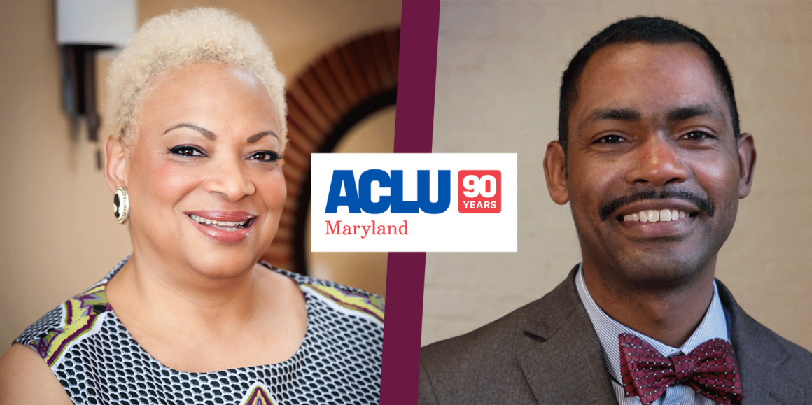 Dana Vickers Shelley and John Henderson photos with the 90 years ACLU of Maryland logo in the middle