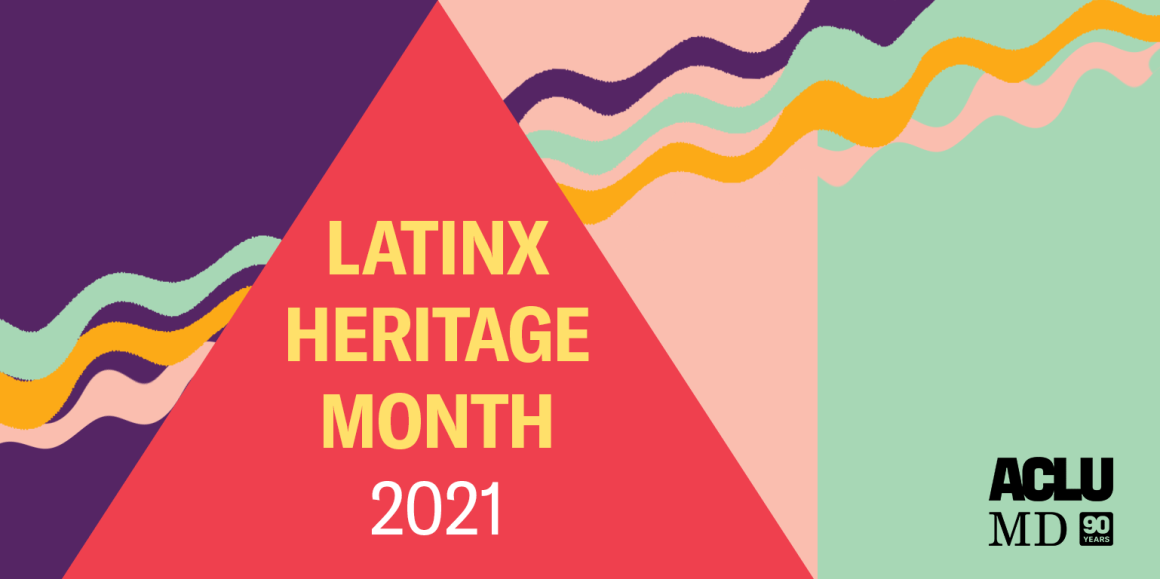 Latinx Heritage Month 2021. Image shows rectangles, a triangle, and squiggly lines, in bright colors.