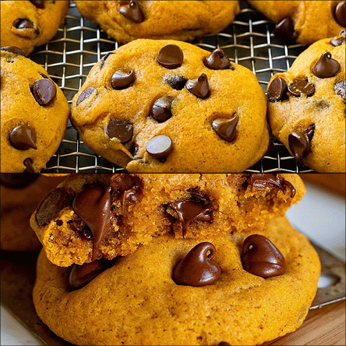 Pumpkin chocolate chip cookies on a baking rack and stacked.