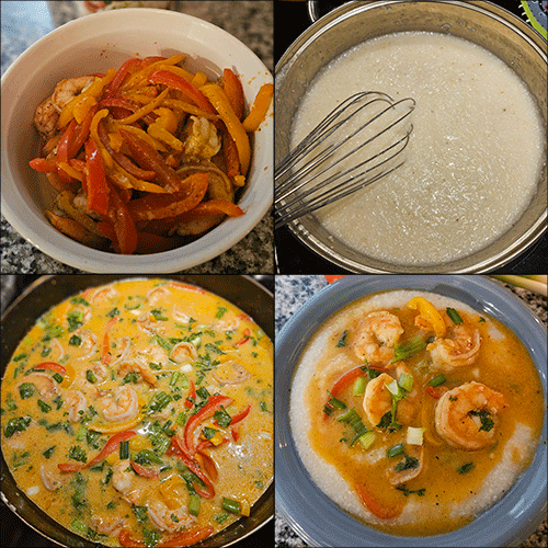 Four image grid. Peppers in a bowl, then grits and a whisk, then all the ingredients simmering in a pot, and then plated with rice in a bowl.