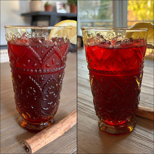 Two pictures of a glass with reed spiced hibiscus tea, a cinnamon stick, and a lemon wedge on the glass.
