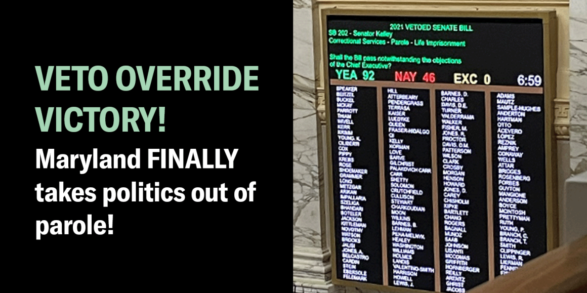 Parole reform veto override vote tally. Text says "Veto override victory! Maryland finally takes politics out of parole."