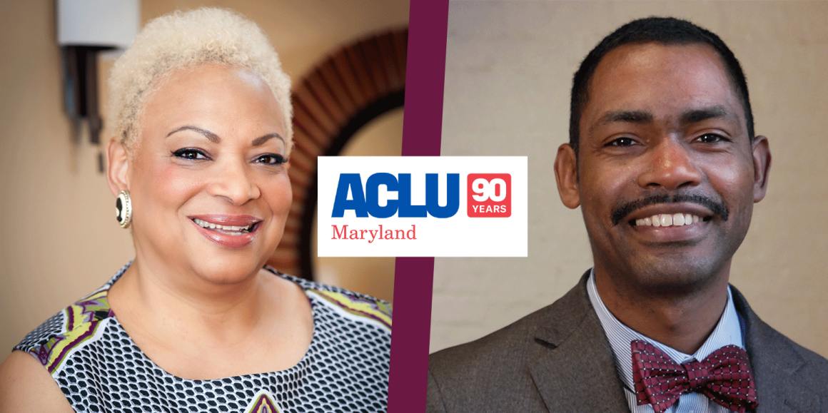 Photo of Dana Vickers Shelley on the right and John Henderson on the left. The ACLU of Maryland 90th anniversary logo is in the middle.