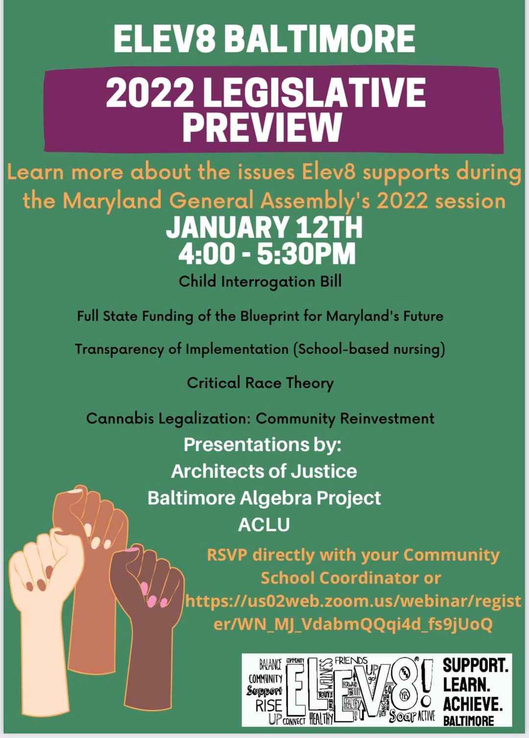 Green background. Text says, "Elev8 Baltimore 2022 Legislative Preview. January 12, 4-5:30pm. Learn more about the issues Elev8 supports during the Maryland General Assembly's 2022 session."