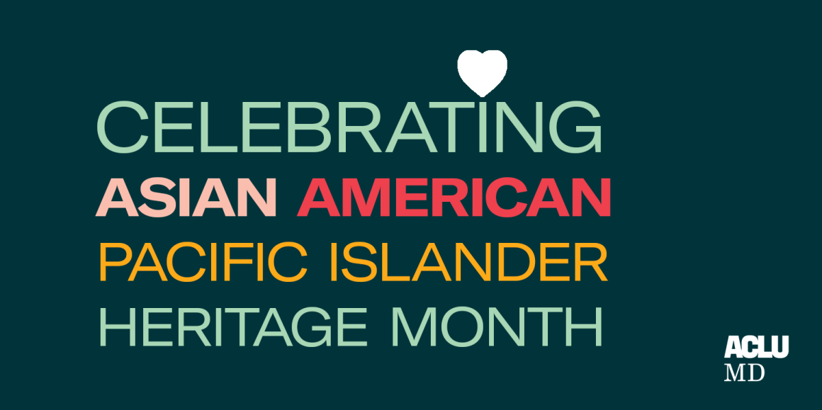 Celebrating Asian American Pacific Islander Heritage Month. Each line of text is in a different color. The background is dark green.