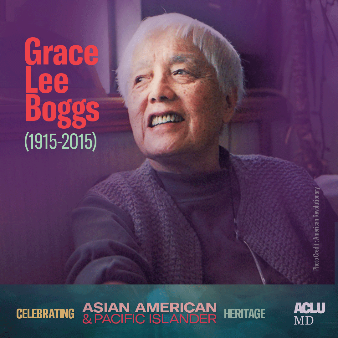 Celebrating Asian American Pacific Islander Heritage. Grace Kee Boggs (1915-2015). Boggs is looking up and back over her right shoulder and smiling.