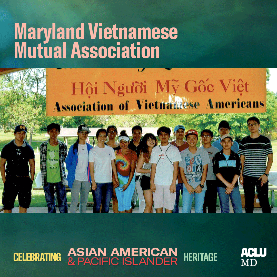 Celebrating Asian American Pacific Islander Heritage. Maryland Vietnamese Mutual Association. Group photo of members with a handing banner.