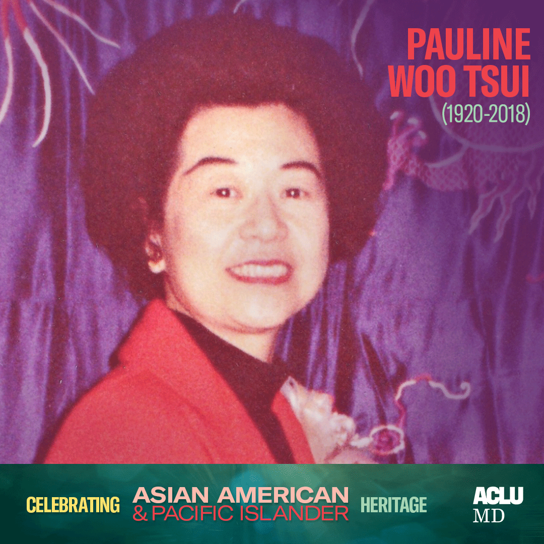 Celebrating Asian American Pacific Islander Heritage. Pauline Woo Tsui (1920-2018). Tsui is pictured with a purple background and she is looking at the camera, smiling, and wearing a red suit.