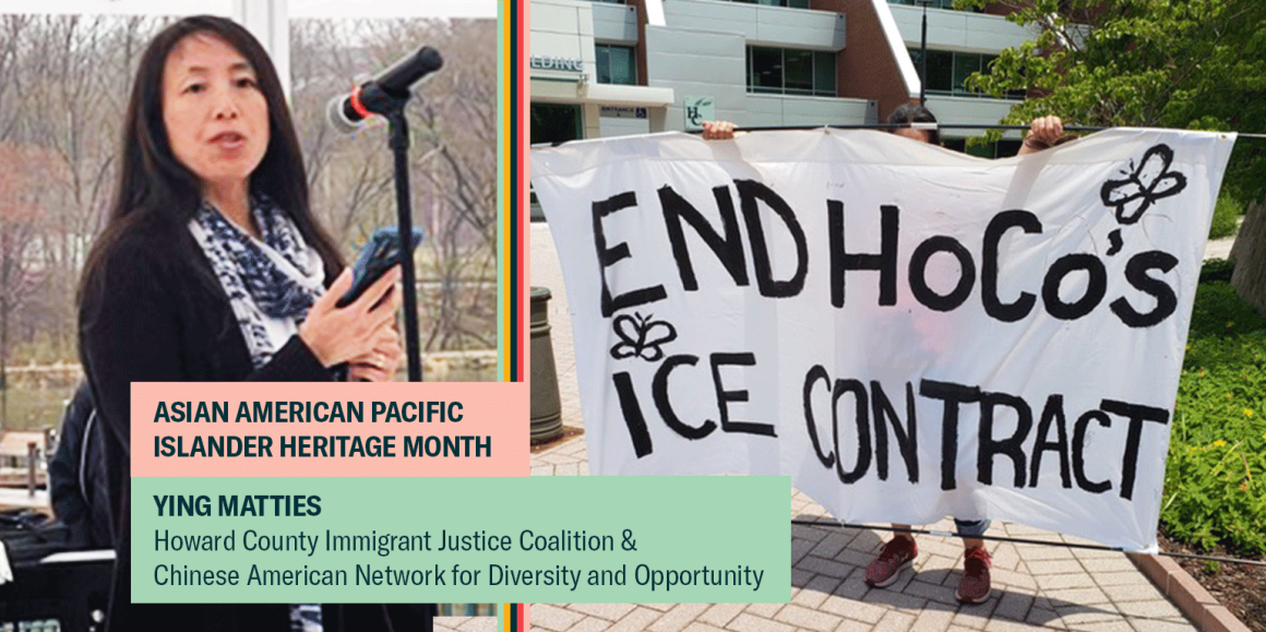 Ying Matties, a Chinese woman is on the left, a banner that says, "End HoCo's ICE Contract" is on the right.