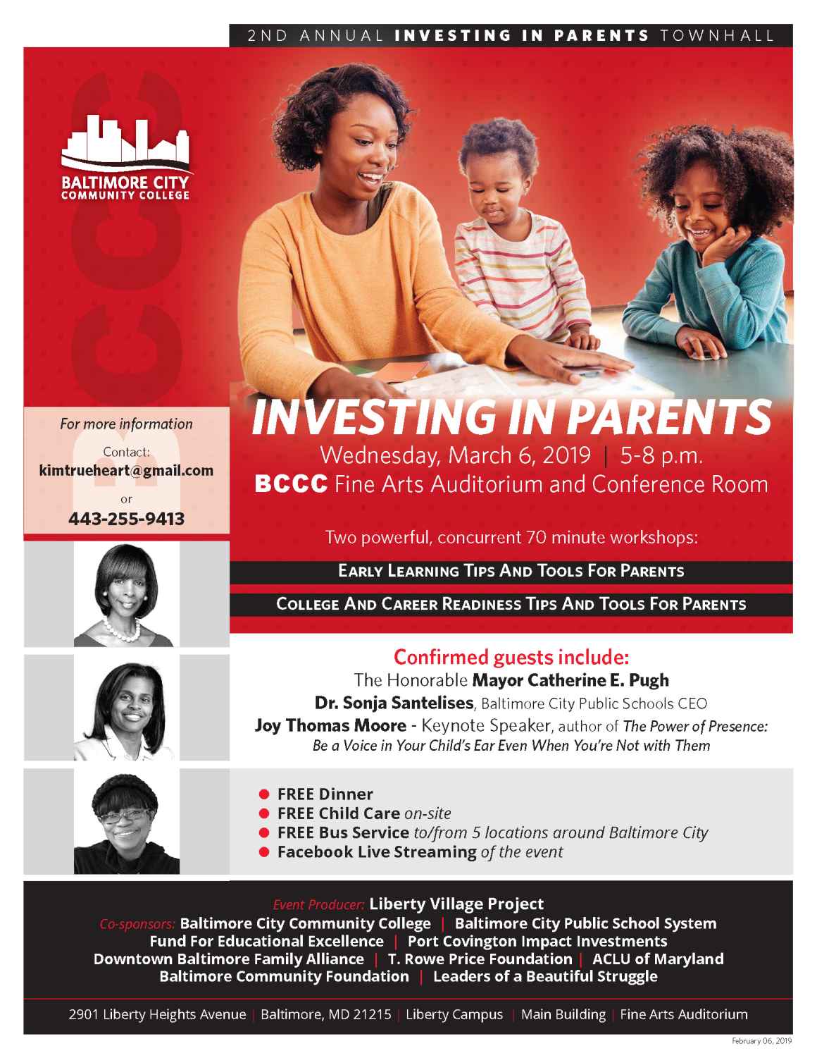 Flyer with details of the Investing in Parents event, including confirmed guests, event information, and co-sponsors.