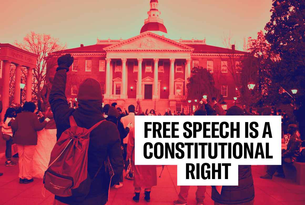 Free Speech is a Constitutional Right. Annapolis State House is in the background. People are at a rally in front of it. One person has a raised fist.