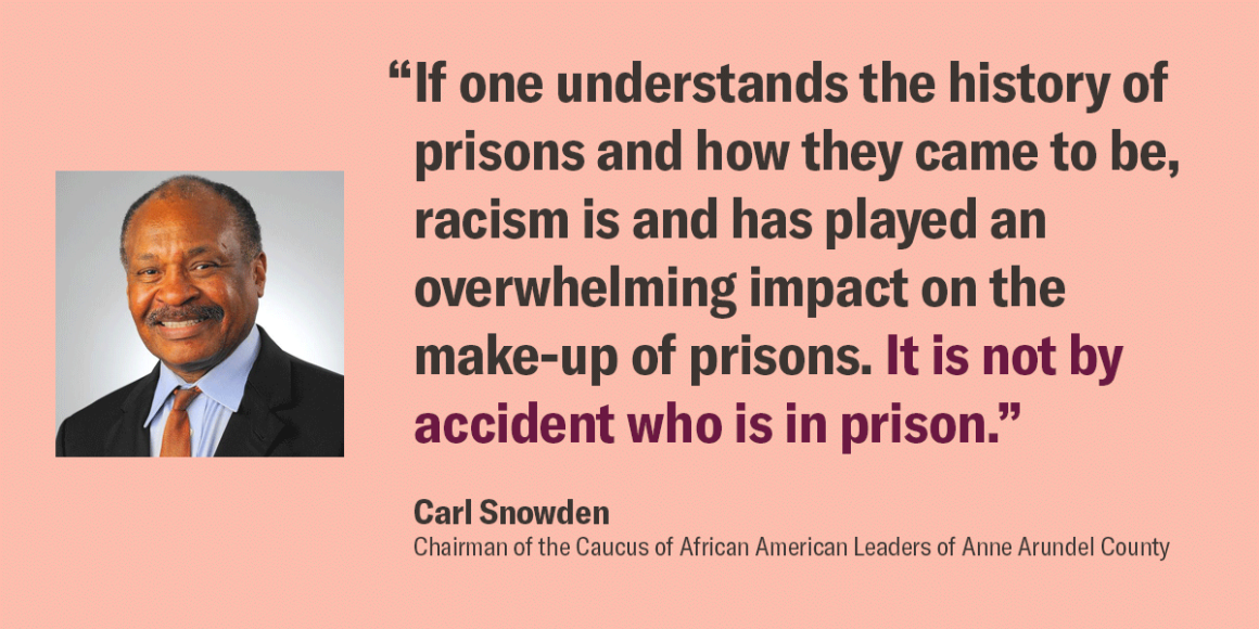 Quote by Carl Snowden, Chairman of the Caucus of African American Leaders of Anne Arundel County, "If one understands the history of prisons and how they came to be, racism is and has played an overwhelming impact on the make-up of prisons." Not accident.