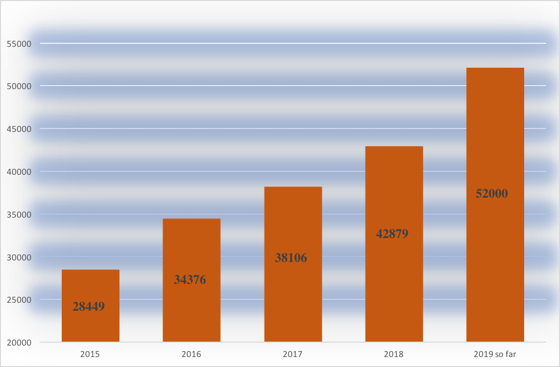 Gráfico que detalla cuántas personas han estado en centros de detención 2015: 28449 -2019: 52000