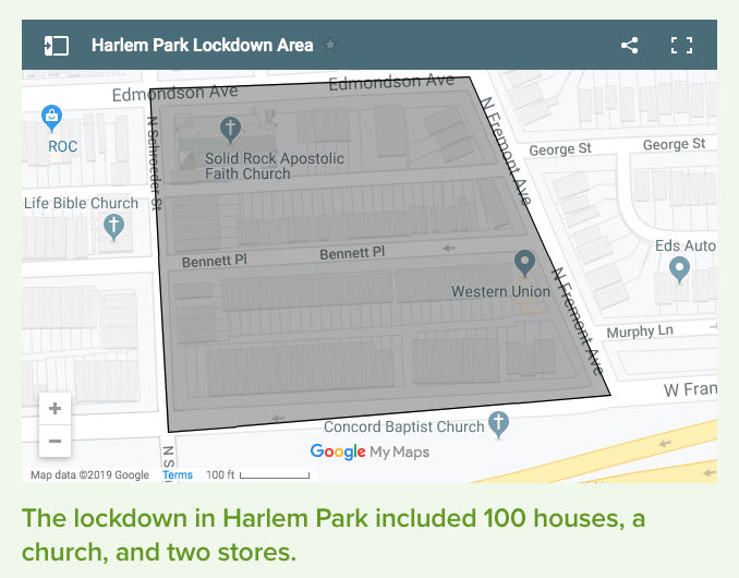 Map of a section of the Harlem Park neighborhood on Google Maps of area that Baltimore Police Department imposed a lockdown for six days