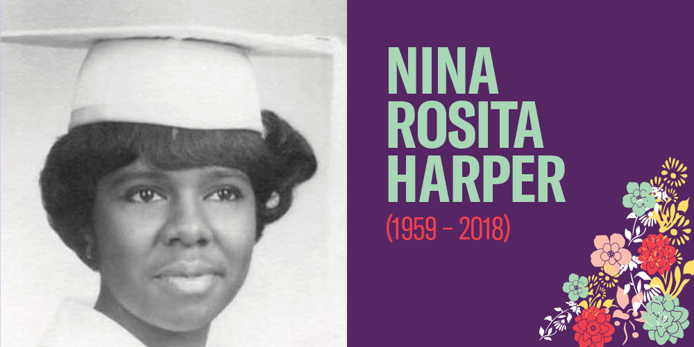 Nina Rosita Harper is wearing a graduation cap an has short hair. The photo is in black and white. There are colorful flower images in the bottom right corner.
