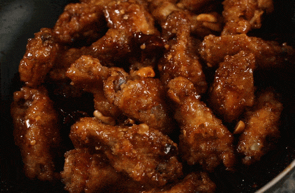 Korean fried chicken filling a plate. Photo from the Maangchi website.