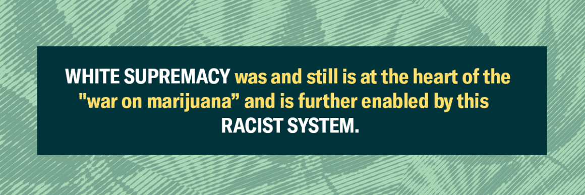 Background has marijuana leaves with dark and lighter green filter on them. Text says, "White supremacy was and still is at the heart of the 'war on marijuan' and is further enabled by this racist system."