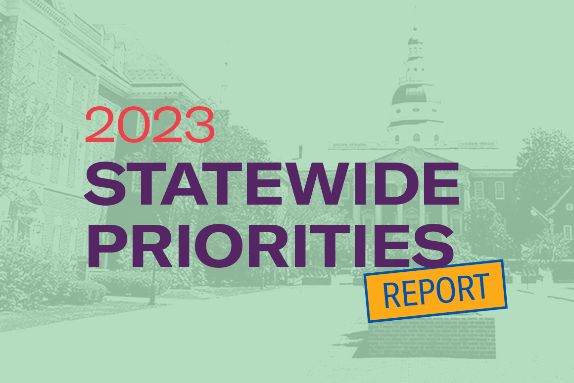 2023 Statewide General Assembly Priorities Report. Title text is over a picture of the State House and has a light green filter on it.