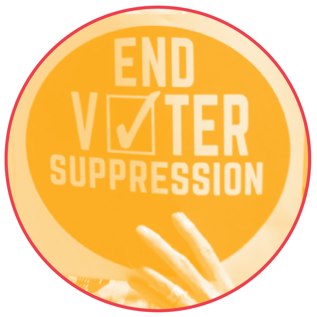 Person holding a sign that says, "End Voter Suppression."