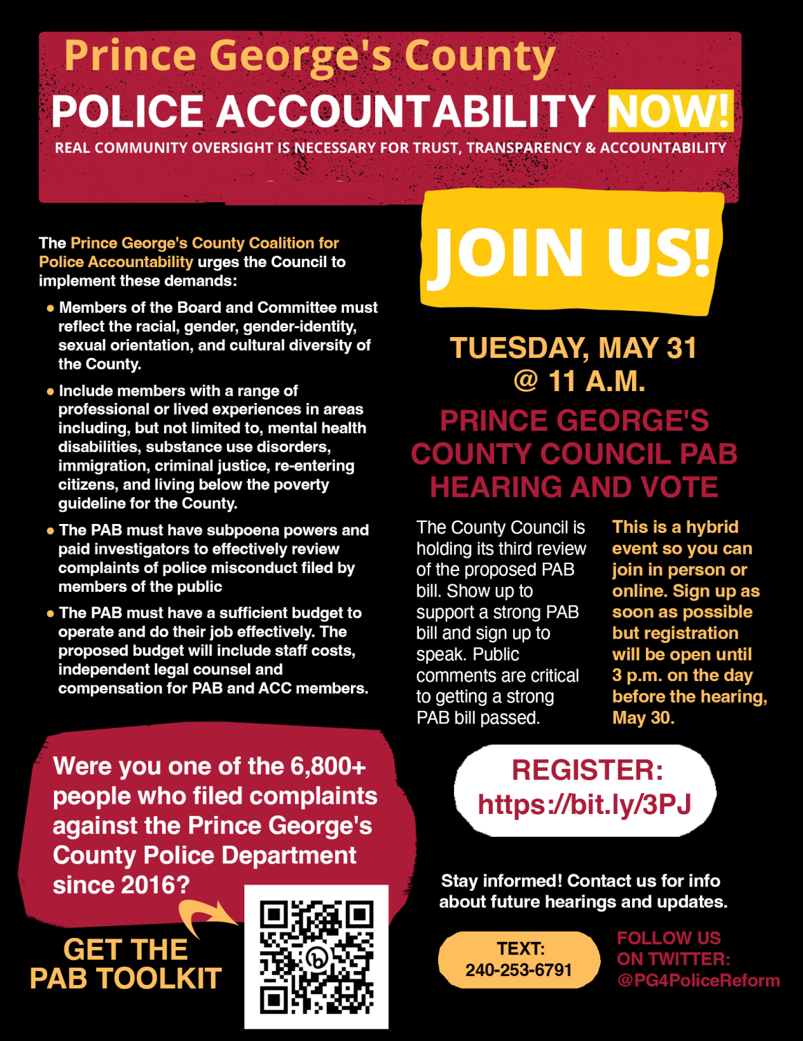 Prince George's County Police Accountability Bill Listening Session. May 25, 2022, at 6:30 p.m. Flyer has a list of the Prince George's County Coalition for Police Accountability's demands and info about the community forum on May 25.