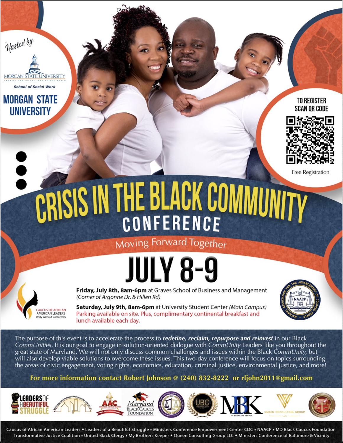 Flyer with details about the Crisis in the Black Community Conference being hosted by the NAACP at Morgan State University. The event is July 8-9, 2022, from 8 a.m. - 6 p.m. both days.