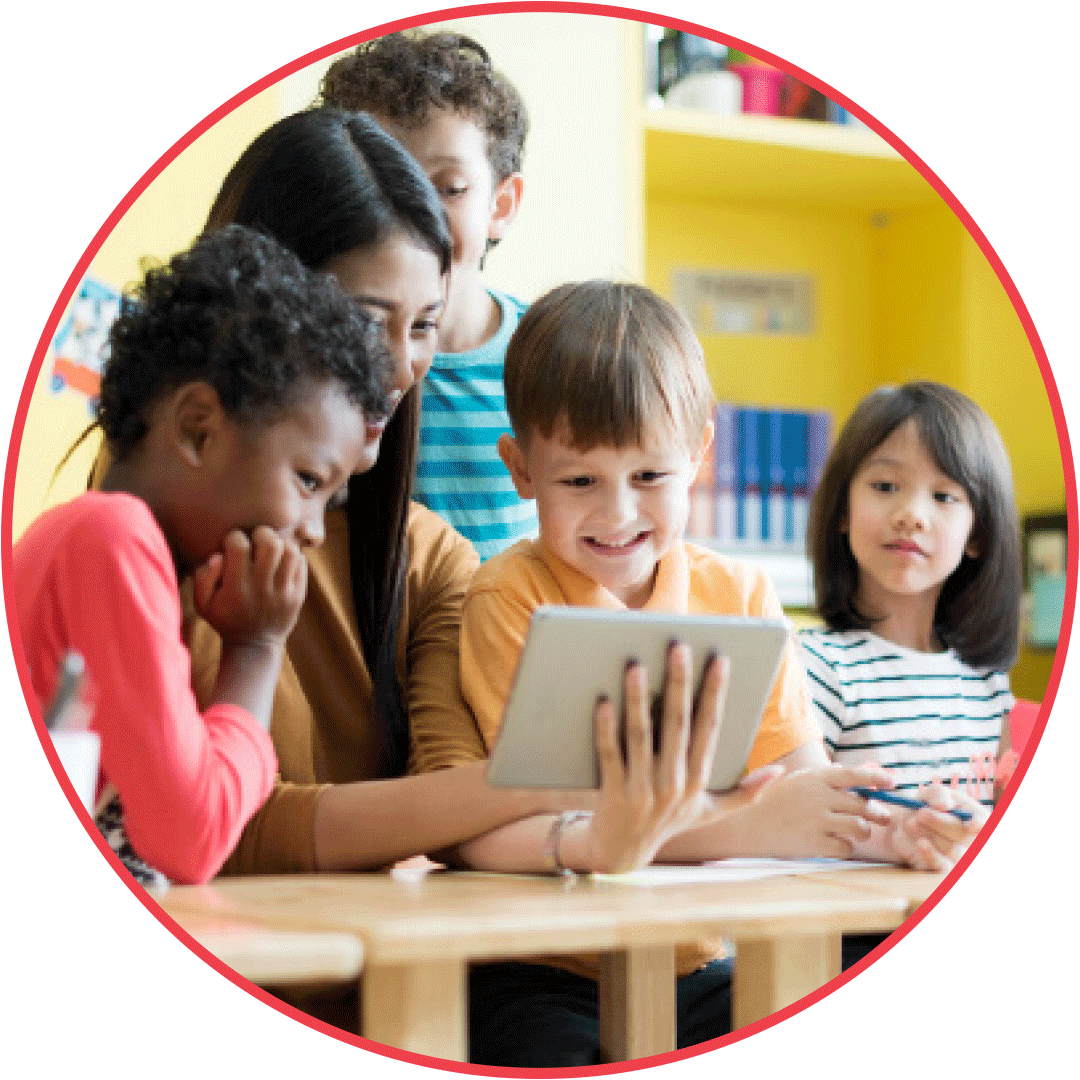 A circular image shows a teacher and a few children who are Black, white, and Asian.