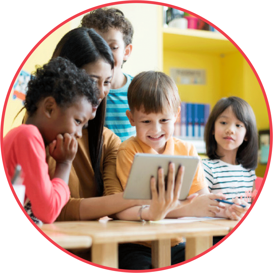 A circular image shows a teacher with four children who are Black, white, and Asian. They are all looking at a book in the teacher's hands.